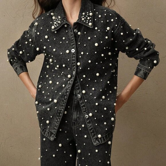 Black Casual Women's Long Cardigan Denim Shirt Blouse w/Pearls And Rhinestones - Picture 7 of 7